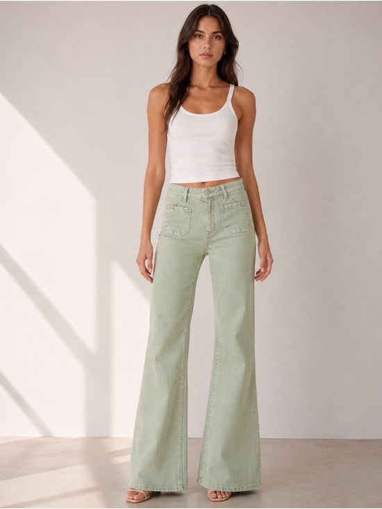 Risen Jeans Denim - Risen High Rise Patch Pocket Bell Bottom Jeans Green Size 30 Style RDP5358